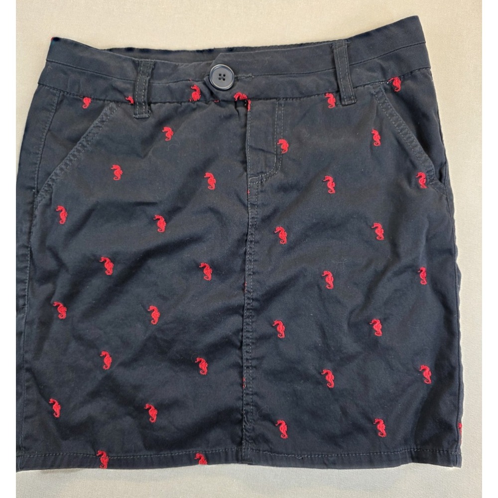 British Khaki Womens Mini Skirt 4 Navy Embroidered Seahorse Nautical Coastal AOP